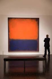 red and deep blue painting so big it has its own bench